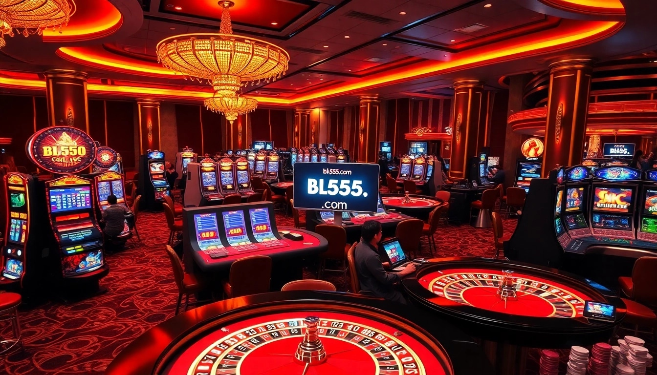 Gambling action at bl555.com with vibrant roulette tables and slot machines.