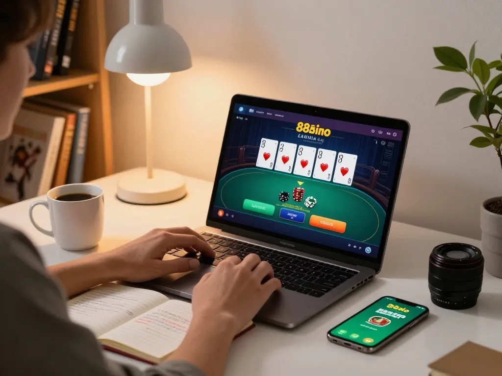 The 88aa online gambling scene shows a user engaging with their casino app and strategies in a cozy home office.