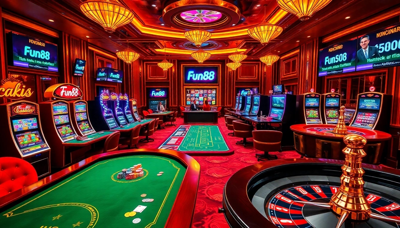 Players enjoying an exciting Fun88 casino experience filled with vibrant games and luxury.