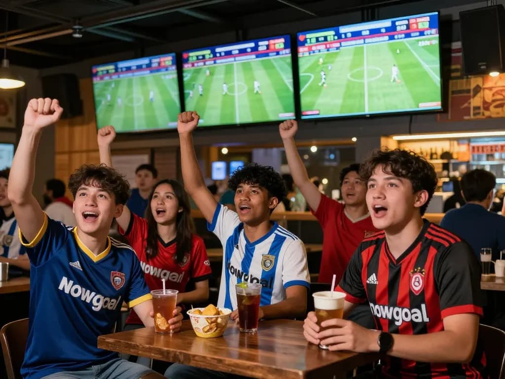 Fans celebrating live football scores from nowgoal at a vibrant sports bar, engaged in an exciting match atmosphere.