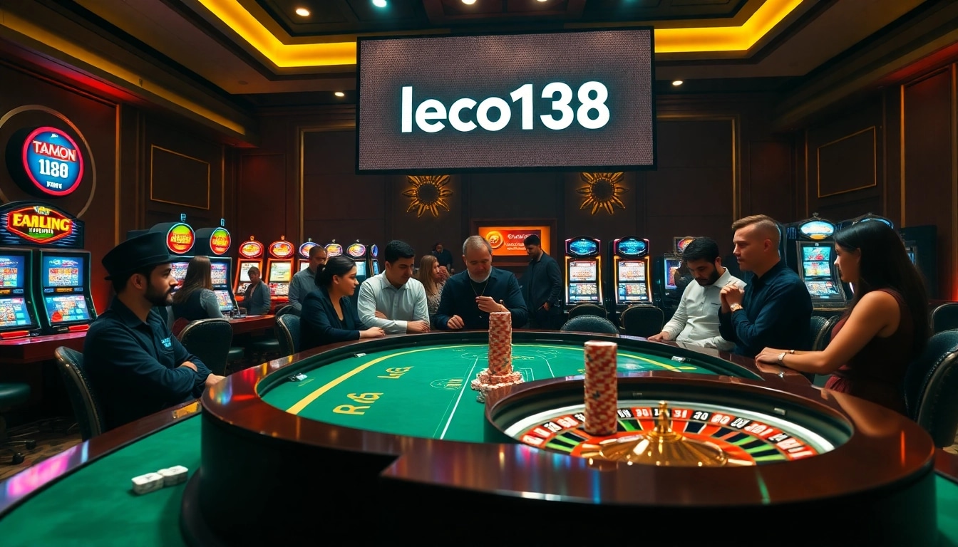 Engaging gamers strategizing at the intriguing lego138 roulette table amidst vibrant slots.