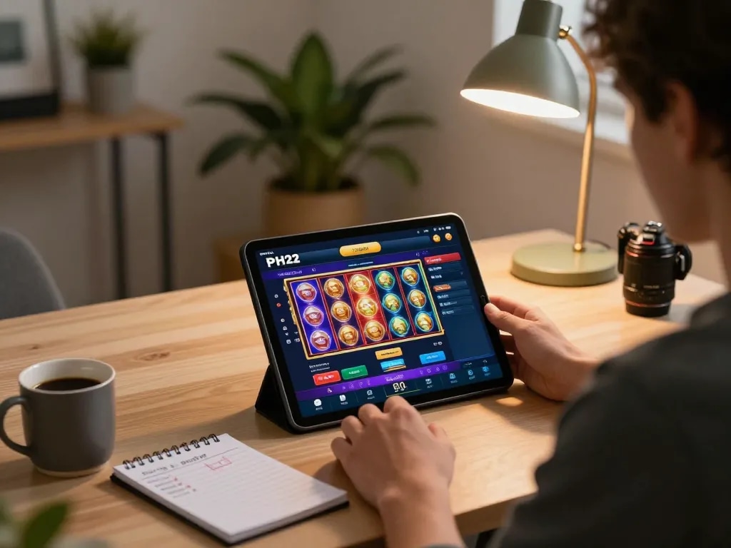 Player enjoying PH22 casino app on tablet while discussing betting strategies in a cozy home setup