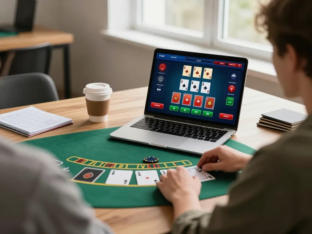 Player strategizing blackjack gameplay on 888NEW live dealer interface during a focused online session