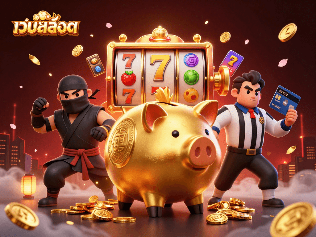Engage with เว็บสล็อต through vibrant 3D illustration showcasing a dynamic casino scene filled with exciting game elements.