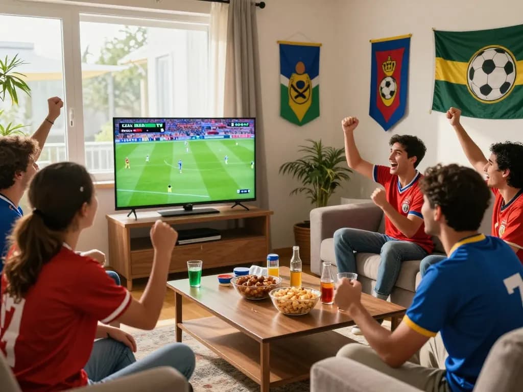 Cakhia tv football match viewing party with friends in a lively living room.