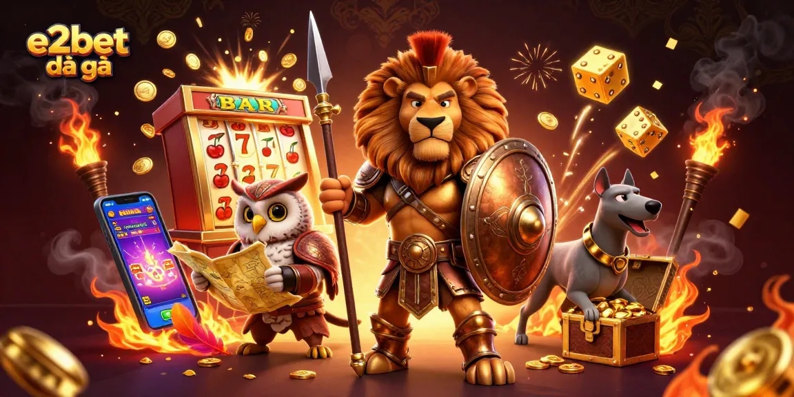 e2bet đá gà showcases a vibrant cartoon scene with a Spartan lion, owl strategist, and greyhound, amidst casino elements.