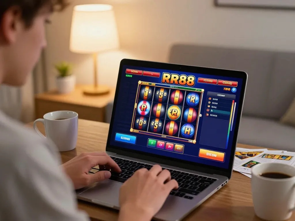 Engaging RR88 online slots gameplay displayed on a laptop, showcasing vibrant graphics.