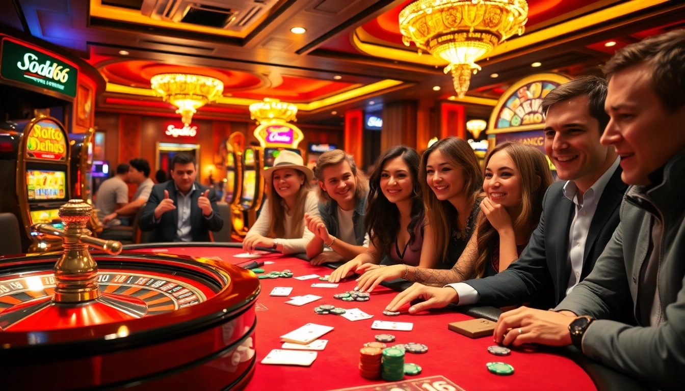 Experience thrilling gameplay with SODO66 at a luxurious casino featuring vibrant tables and slot machines.