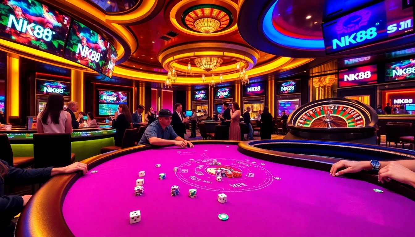Bet on NK88 at a luxurious casino table with poker chips and a spinning roulette wheel.