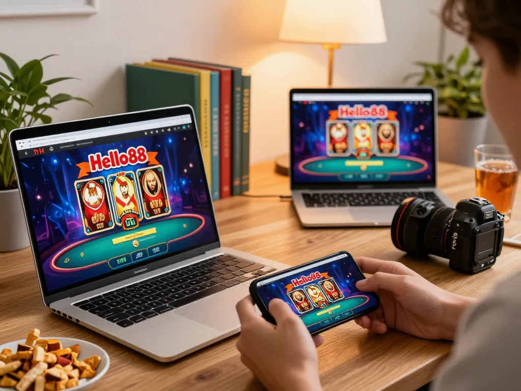 Hello88 app displayed on a smartphone while enjoying online casino gaming with snacks and warm home lighting.