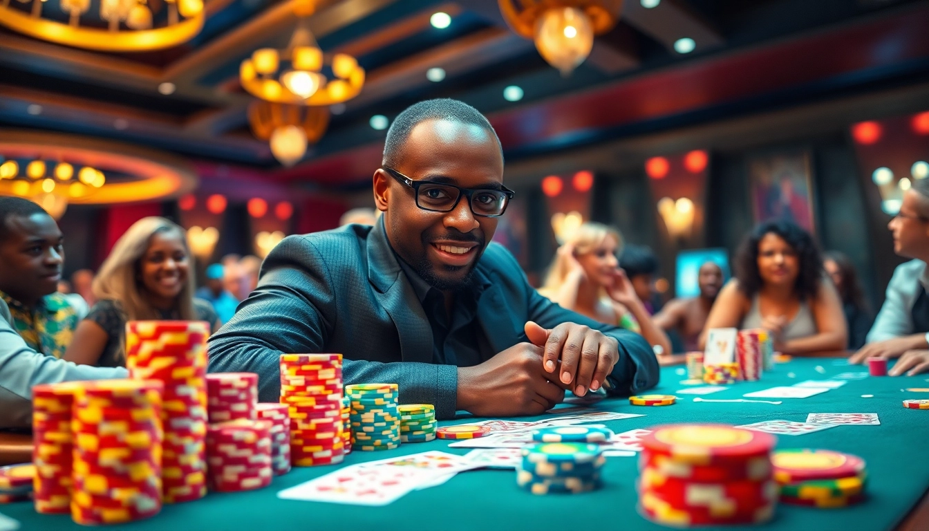 Gambler engaged in Africa gambling news at a vibrant casino, showcasing excitement and energy.
