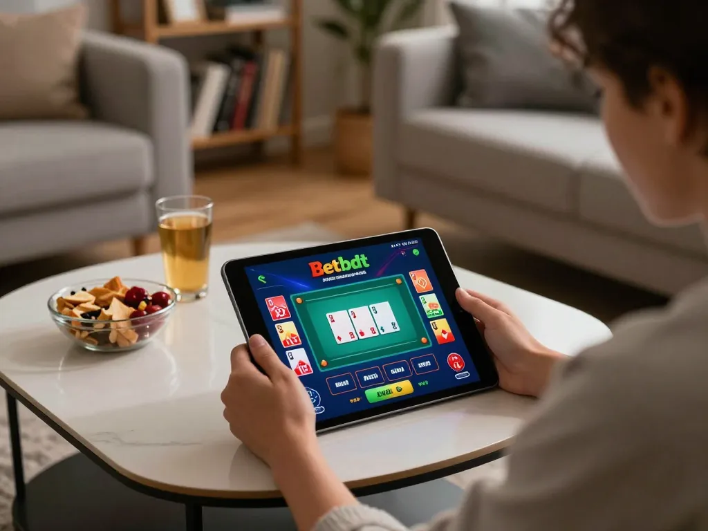 Person engaging with the Betbdt app on a tablet in a cozy home setting, depicting online gambling experience
