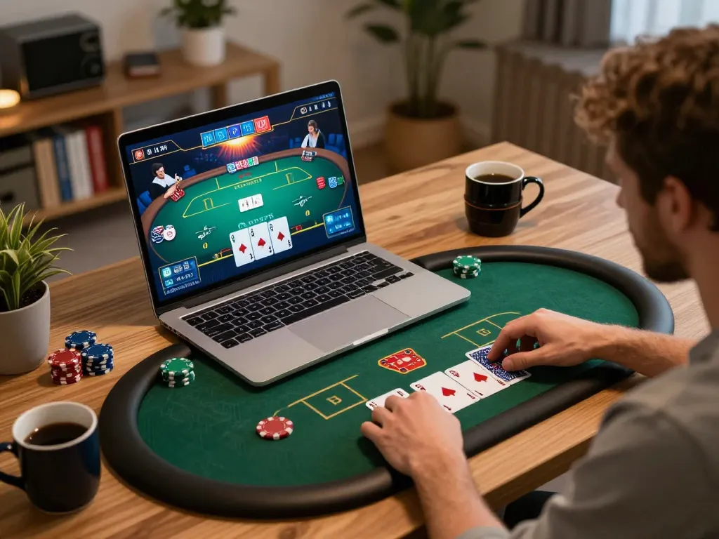Players engaged in an exciting GO8 online poker game, showcasing strategy and dynamic gameplay in a cozy home setting