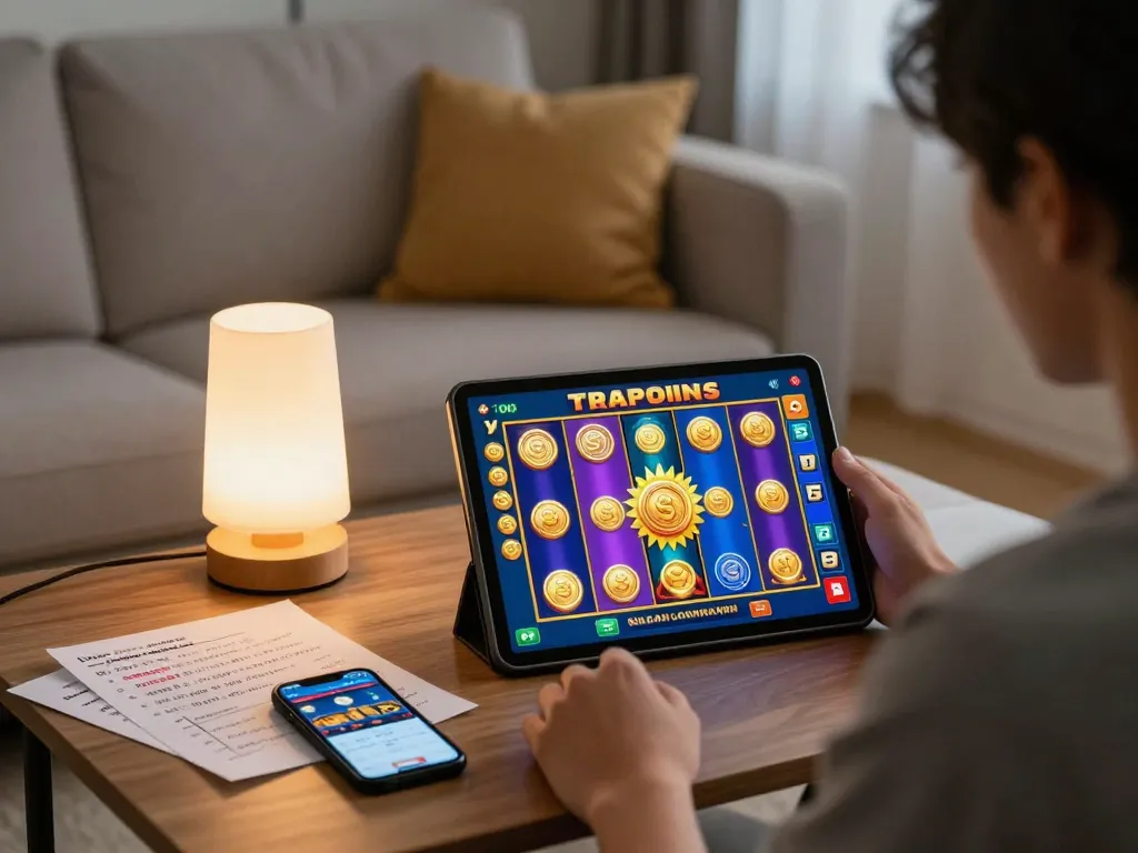 Playing an exciting slot game on a tablet in a cozy home gaming setup with betting notes and a smartphone.