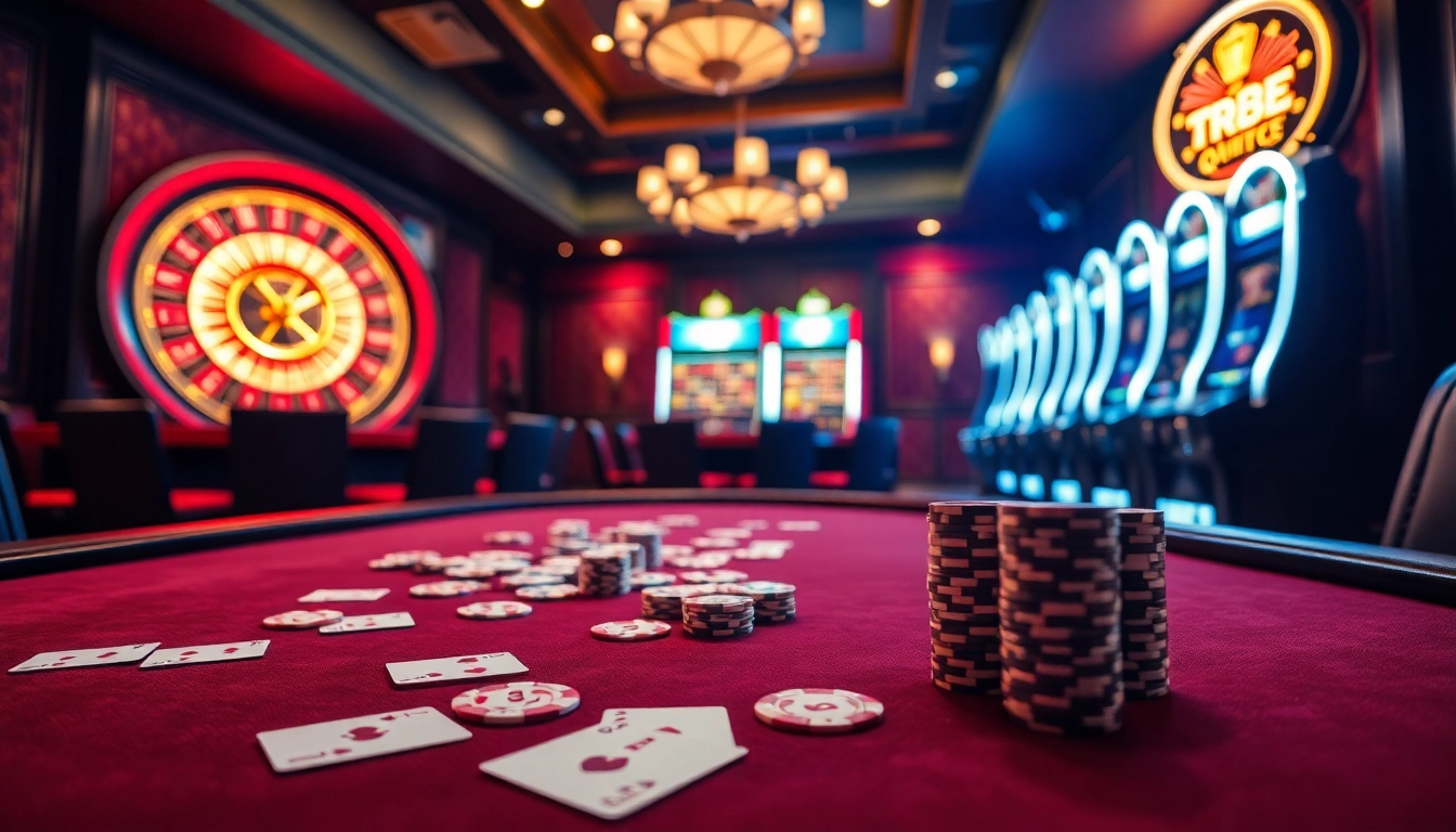 Experience the thrill of TR88 at a vibrant casino with luxurious poker tables and neon lights.