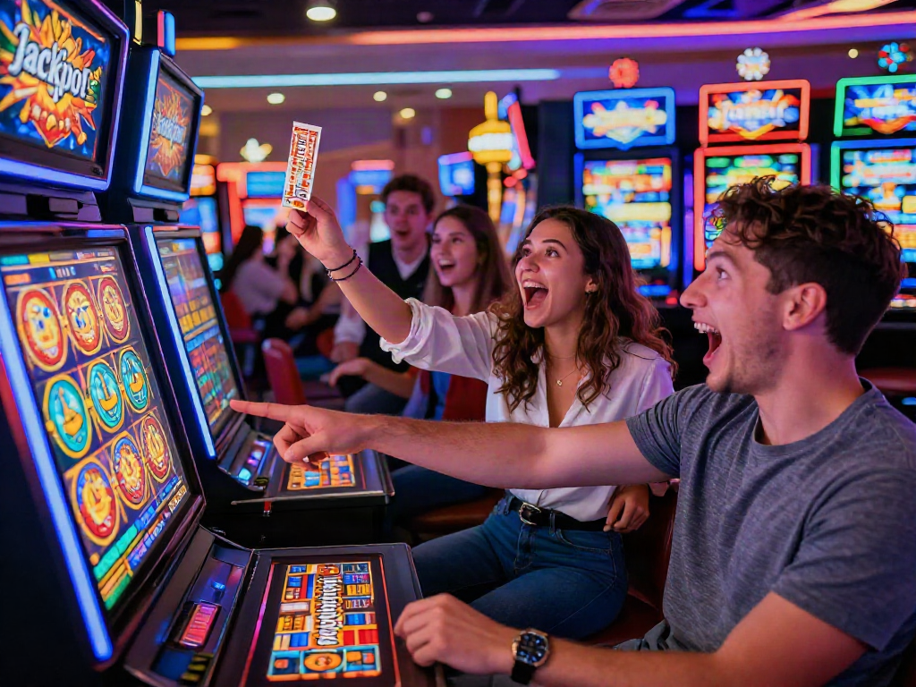 Friends celebrating a slot gacor win in a vibrant casino atmosphere, capturing excitement and energy.