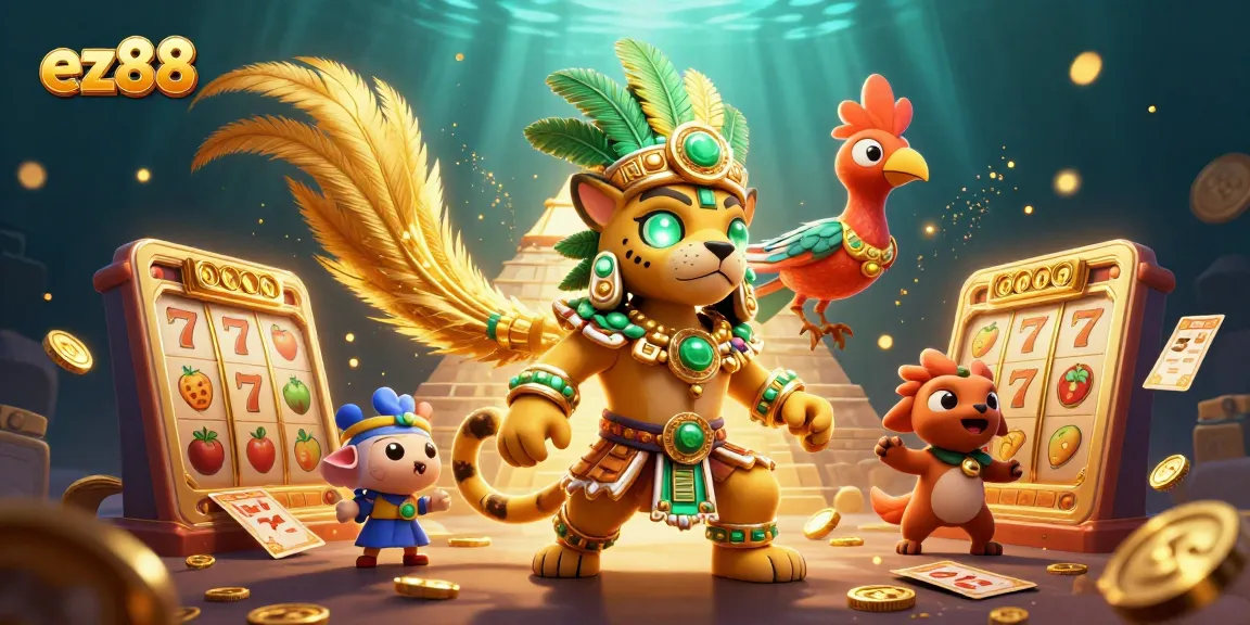 Play exciting slot games on ez88 with a Mayan jaguar priest and vibrant symbols!