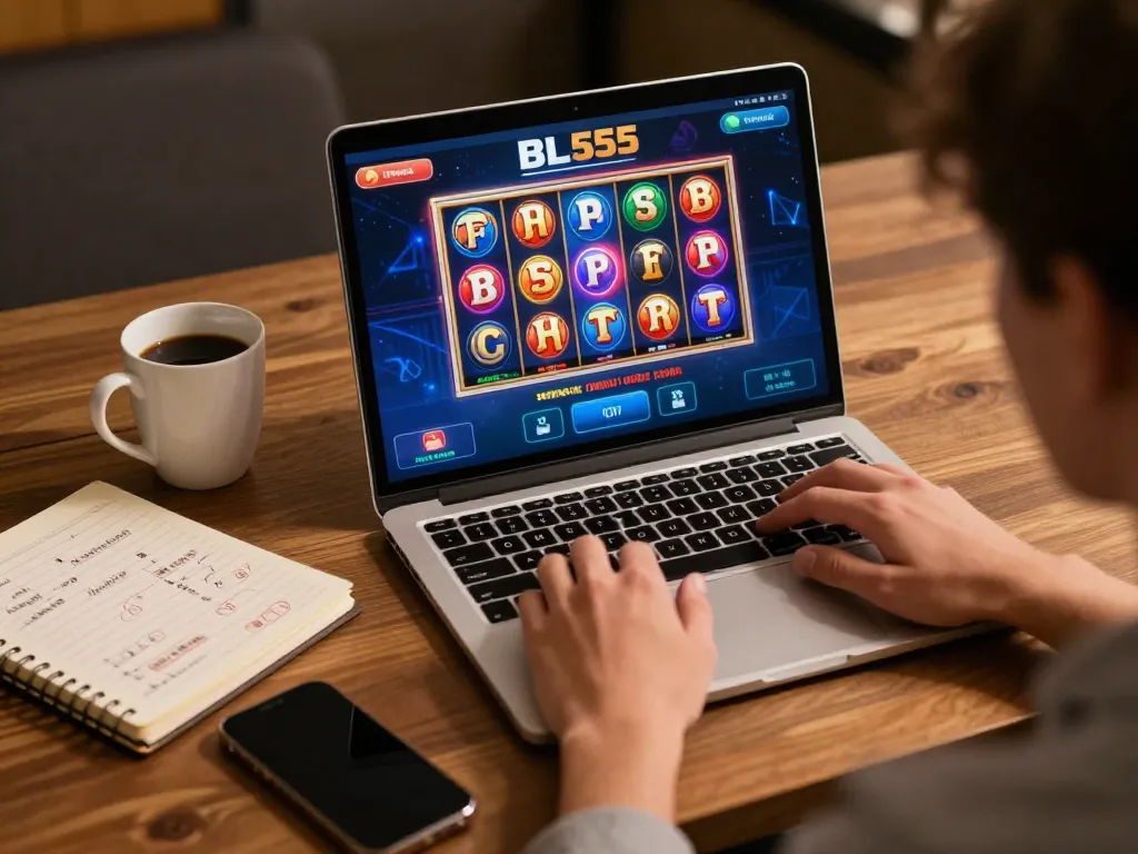 Engaging in online gaming on BL555 with vibrant slot graphics and focused atmosphere.