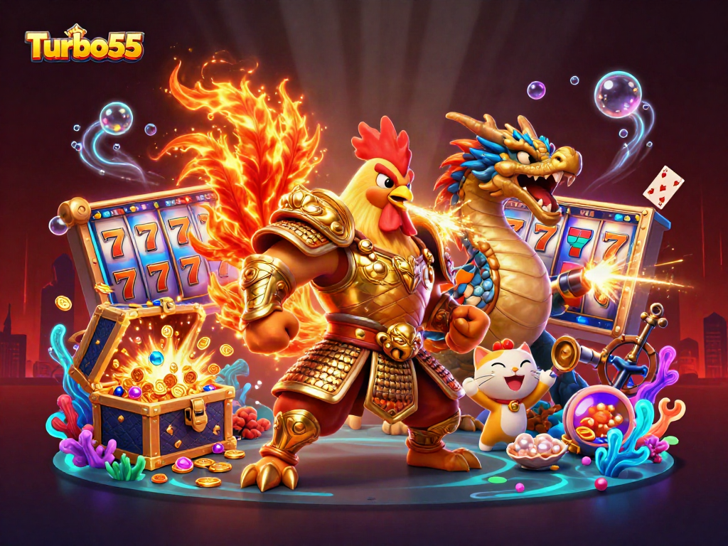 Turbo55 slots scene with vibrant characters and rich casino elements in a dynamic, immersive environment.