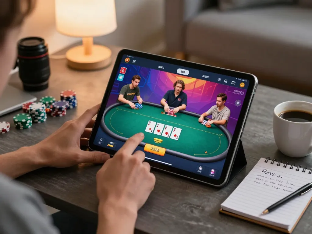 Misteribet poker game in action on a tablet, showcasing engagement and strategy in a cozy living room.