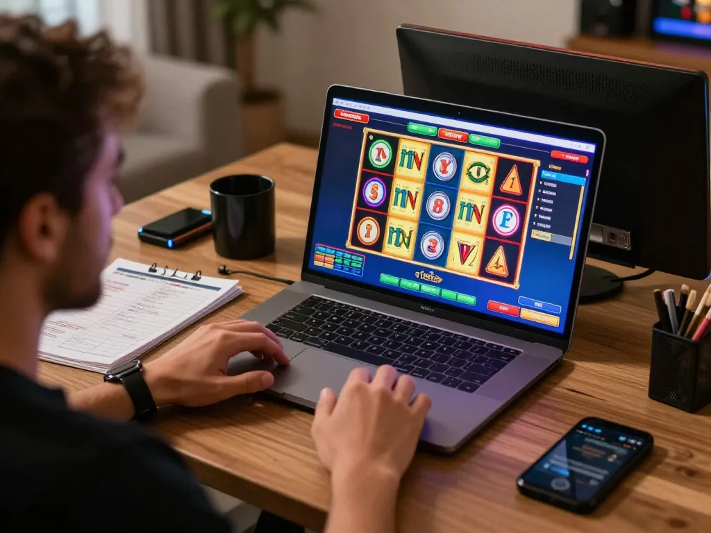 Pemain yang terlibat menikmati pengalaman mendebarkan dengan permainan toto slot di laptop yang ramping