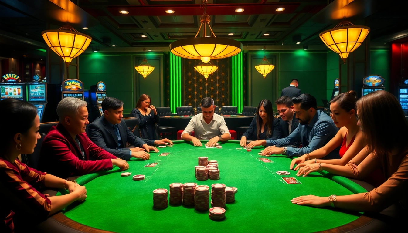 Engage in thrilling poker gameplay at 23win casino, surrounded by rich ambiance and vibrant colors.