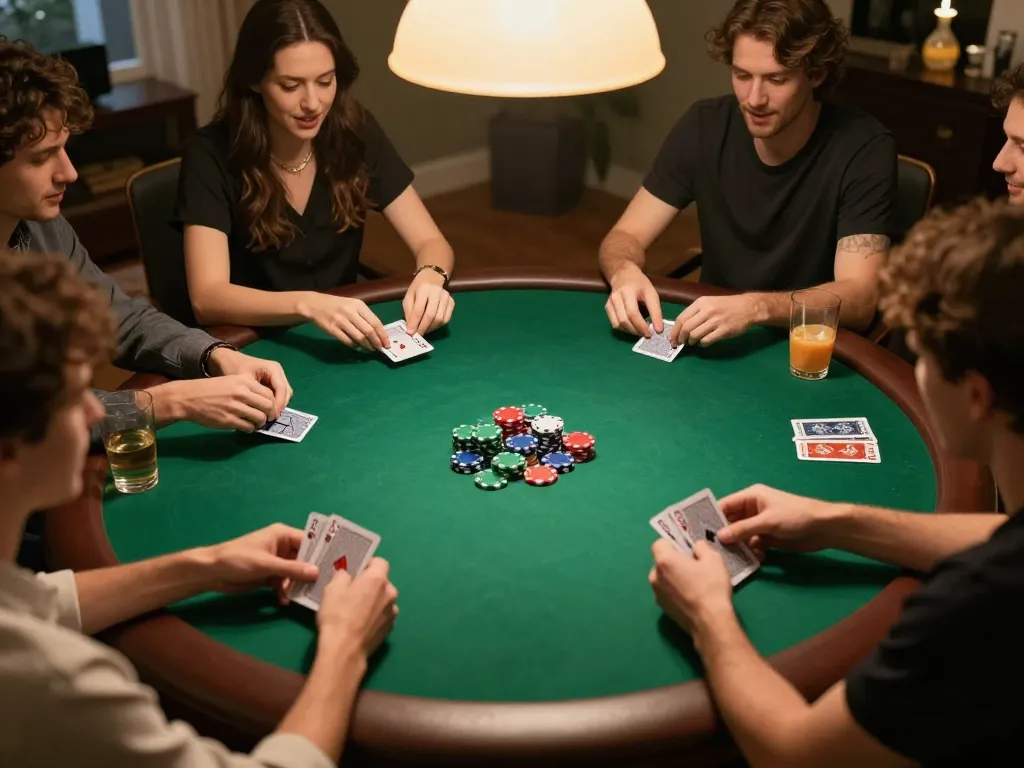 Friends enjoying an engaging poker game night at home, showcasing sunwin strategy in action.