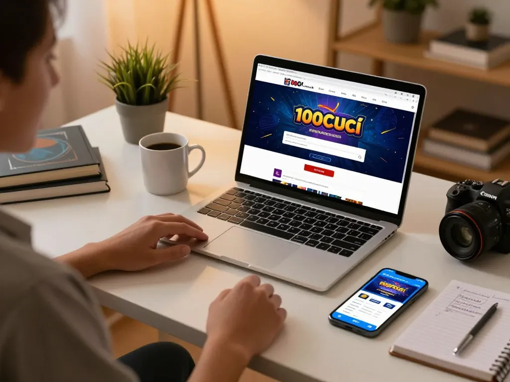 Register 100Cuci on the laptop while enjoying a cozy home gaming atmosphere.
