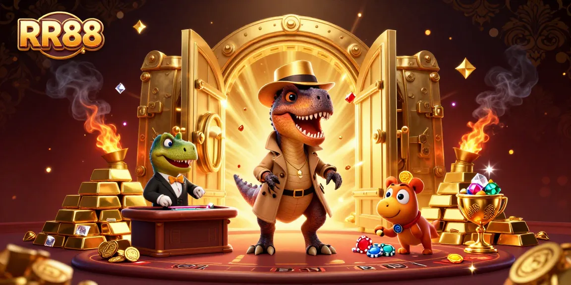 Experience the excitement of RR88 as a cartoon velociraptor card counter plays blackjack amidst golden treasures and chip stealing antics.
