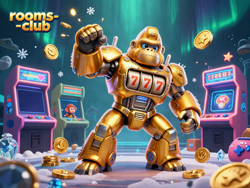 Menampilkan "rooms-club" dengan gorila emas transformer yang terbuat dari bagian mesin slot, memegang kekuatan kemenangan