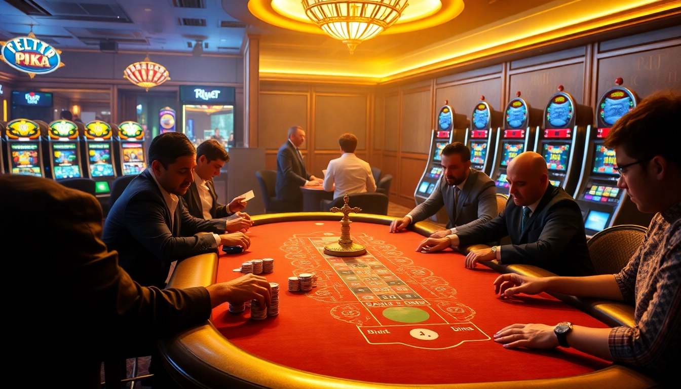 Players strategizing around a poker table in a luxurious casino setting with PXJ branding.