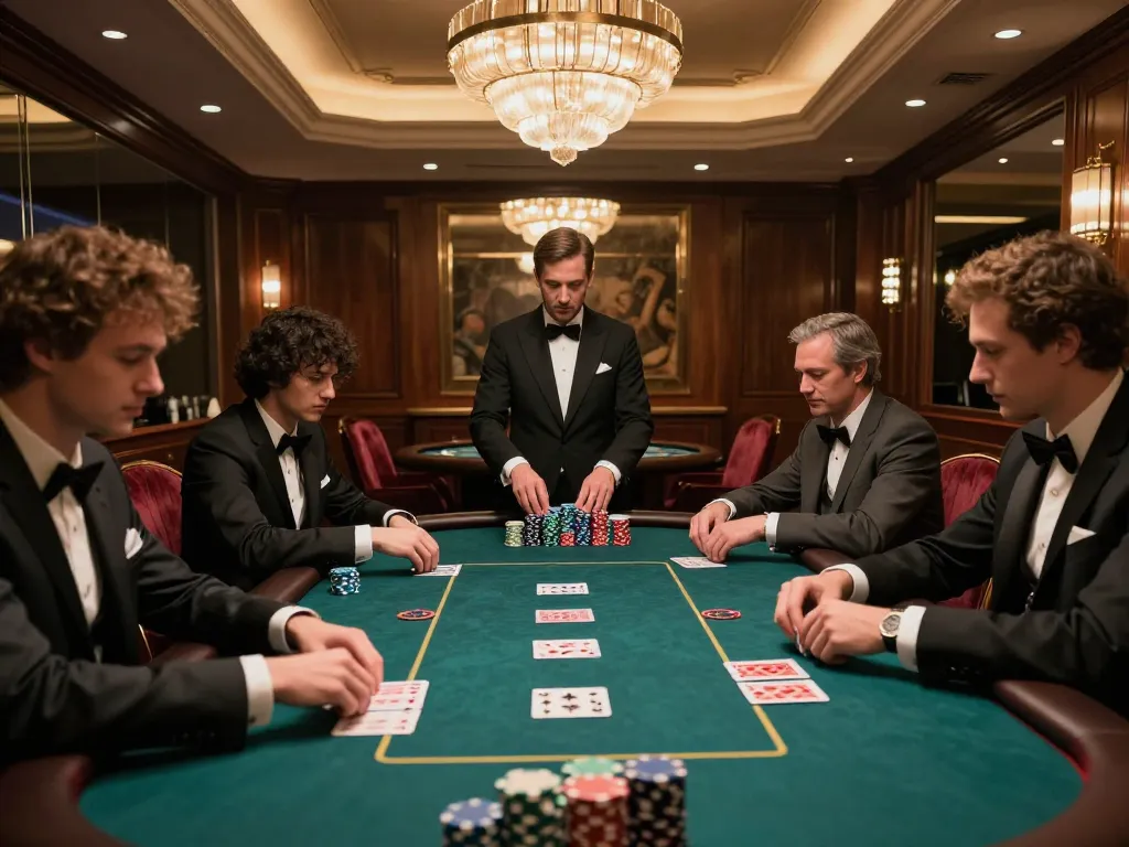 Players strategizing in a luxurious room during a high-stakes patok bet poker game, showcasing focus and intensity.