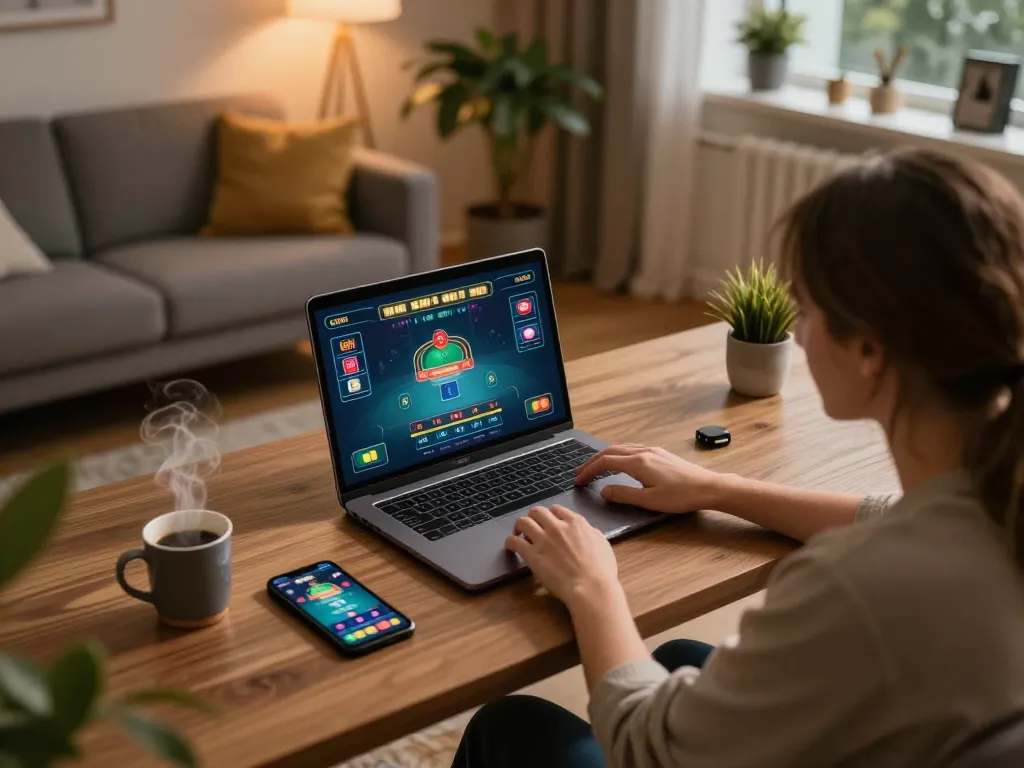 Enjoying live dealer games on nk88 with a laptop in a cozy home setting