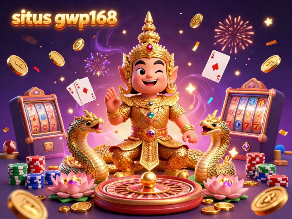 Menangkan permainan dengan situs gwp168, tampilkan simbol Scatter Emas dalam ilustrasi kasino yang ceria.