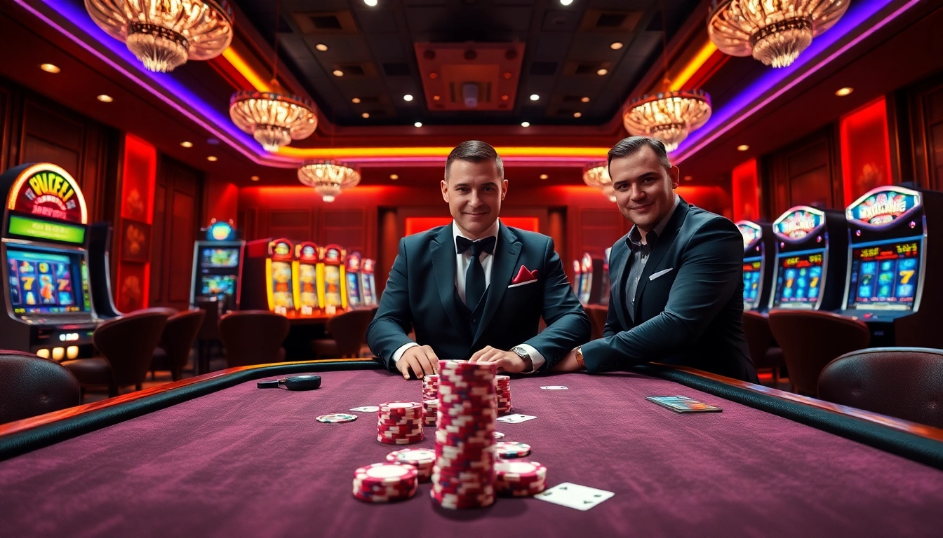 88xx players strategizing at a vibrant poker table, surrounded by luxurious slot machines.
