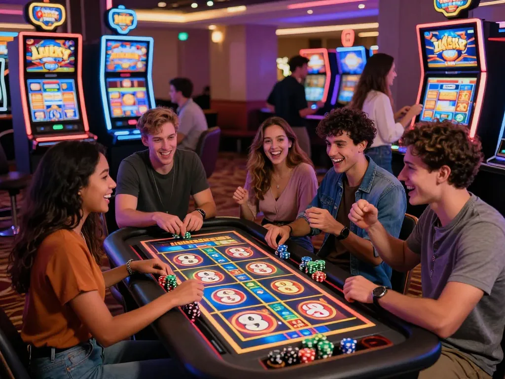 Group of friends enjoying a lively game of Lucky 88 in a vibrant casino atmosphere.