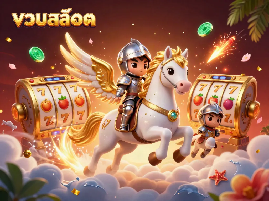 Engage with รวมสล็อต in an action-packed casino scene featuring slot reels, lucky symbols, and a celestial theme.