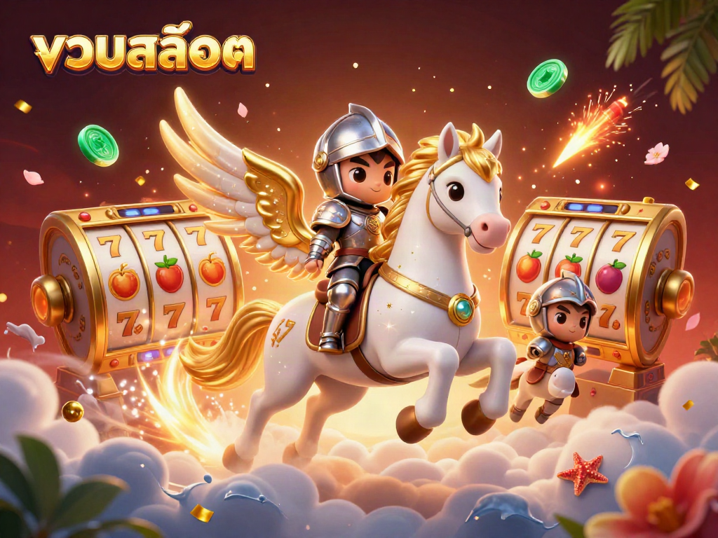 Engage with รวมสล็อต in an action-packed casino scene featuring slot reels, lucky symbols, and a celestial theme.