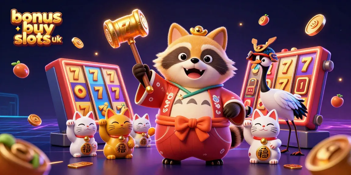 Celebrate the thrill of bonus buy slots uk with cheerful tanuki amid vibrant casino elements.