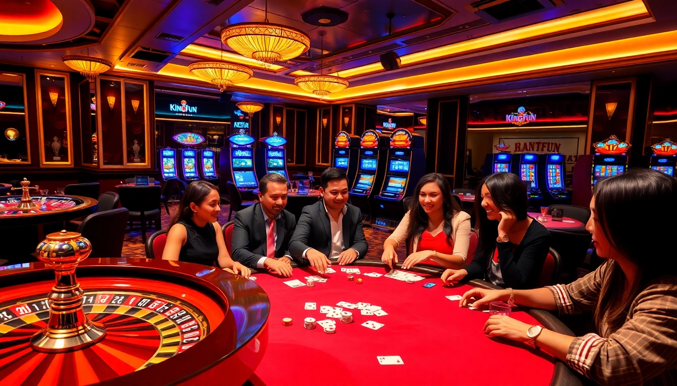 Engage with Kingfun's exciting casino atmosphere featuring poker players and vibrant slot machines.