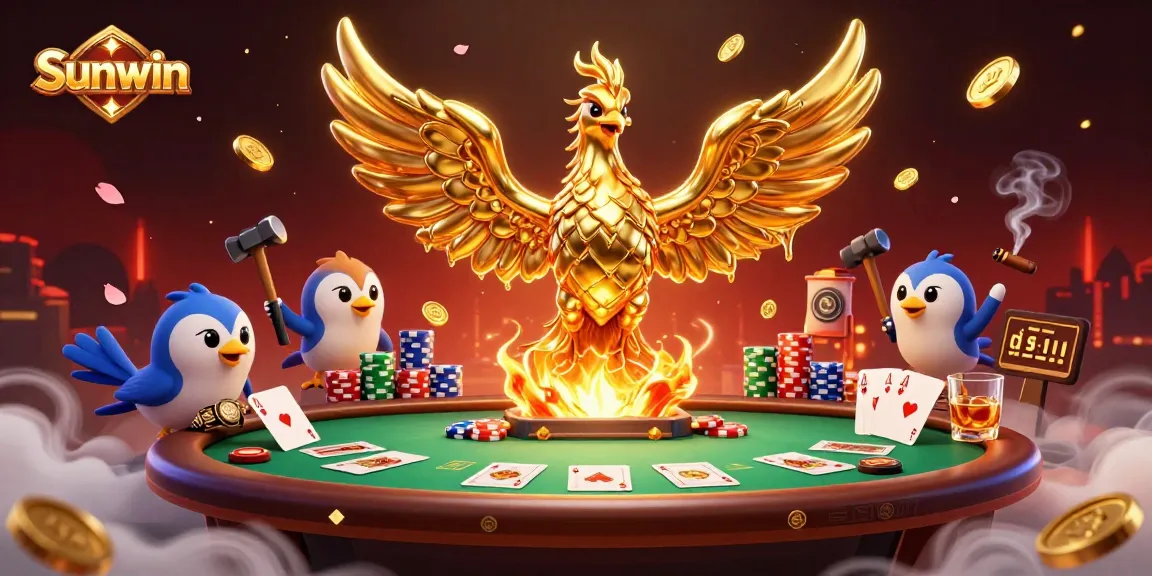 Players enjoy the vibrant atmosphere of Sunwin with golden phoenix coins cascading from a molten forge.