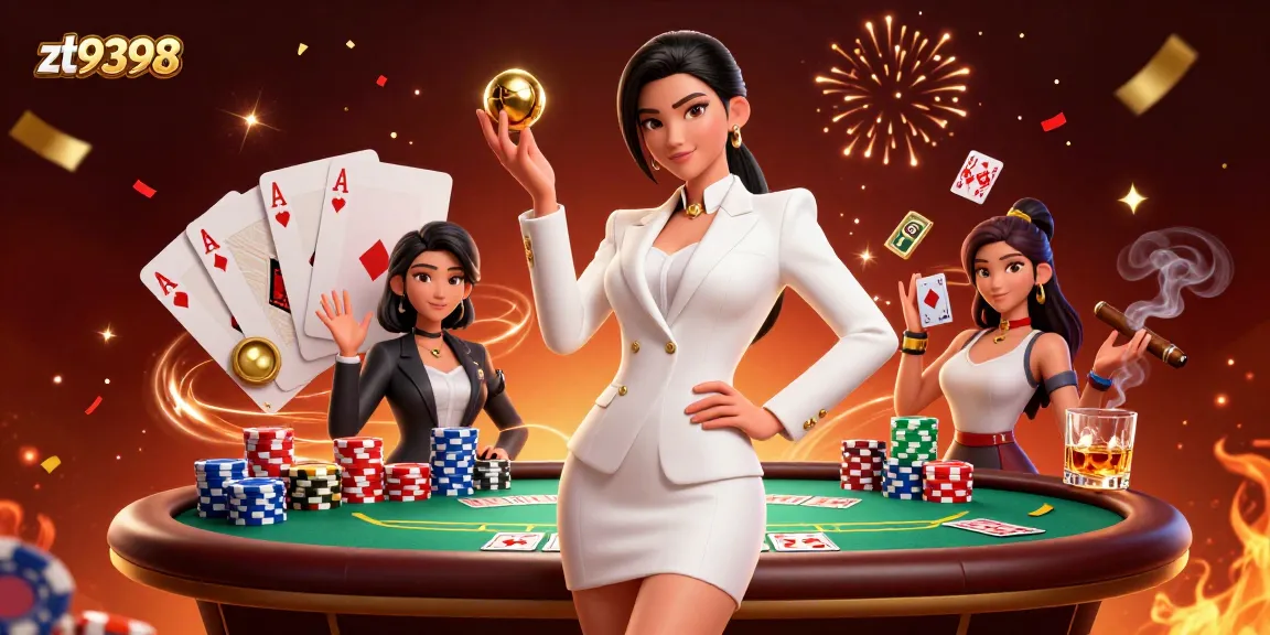 Play poker and win at zt9398 with a stunning Asian croupier amidst vibrant casino elements.