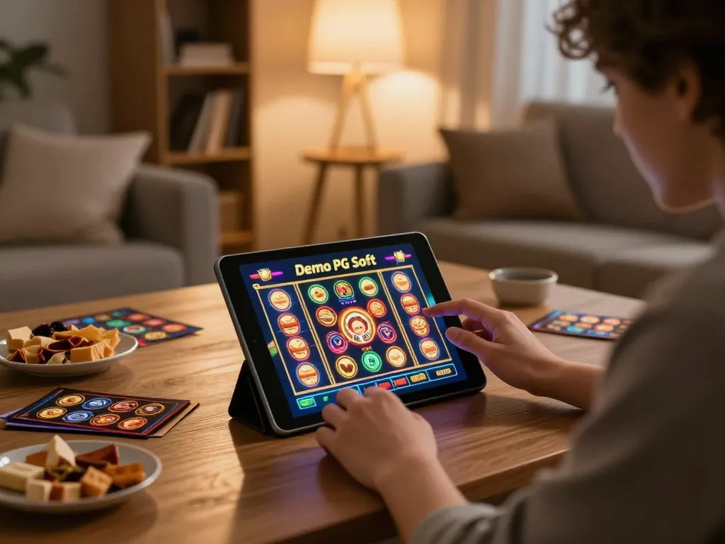 Berinteraksi dengan slot Demo PG Soft dalam pengaturan permainan online yang nyaman di rumah, menampilkan ikon permainan yang cerah.