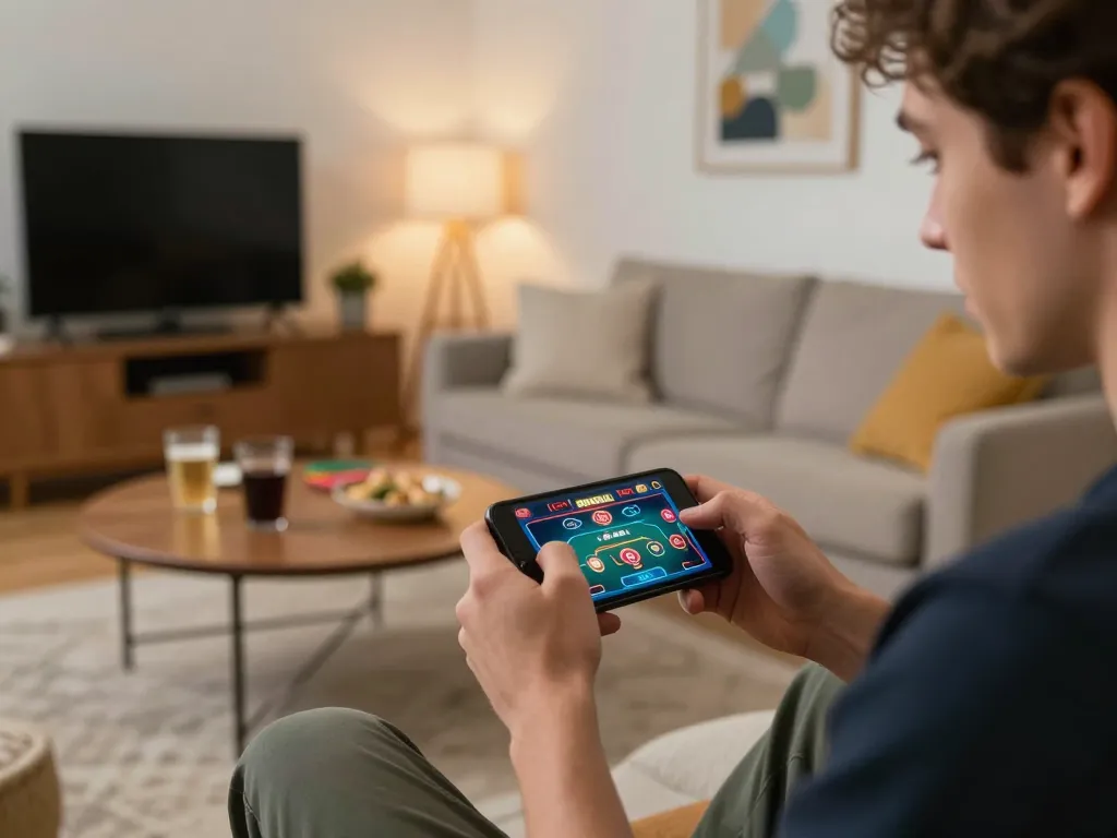 Player enjoying mobile gaming experience at home with may88 app on smartphone