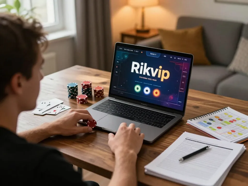 Engaging poker gameplay on Rikvip in a cozy home office setting, enhancing the online gambling experience.