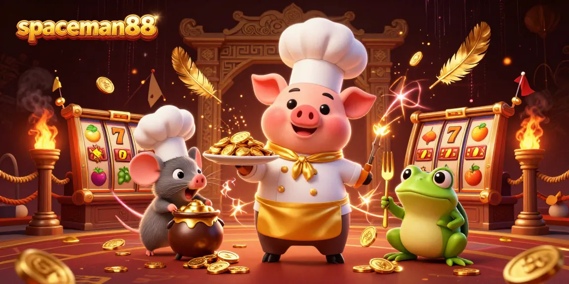 Join the excitement with spaceman88 as our chef pig serves gold coins in a vibrant casino scene.