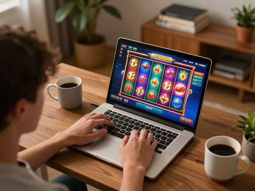 Player enjoying 789P online slots game on laptop in a cozy home setting.