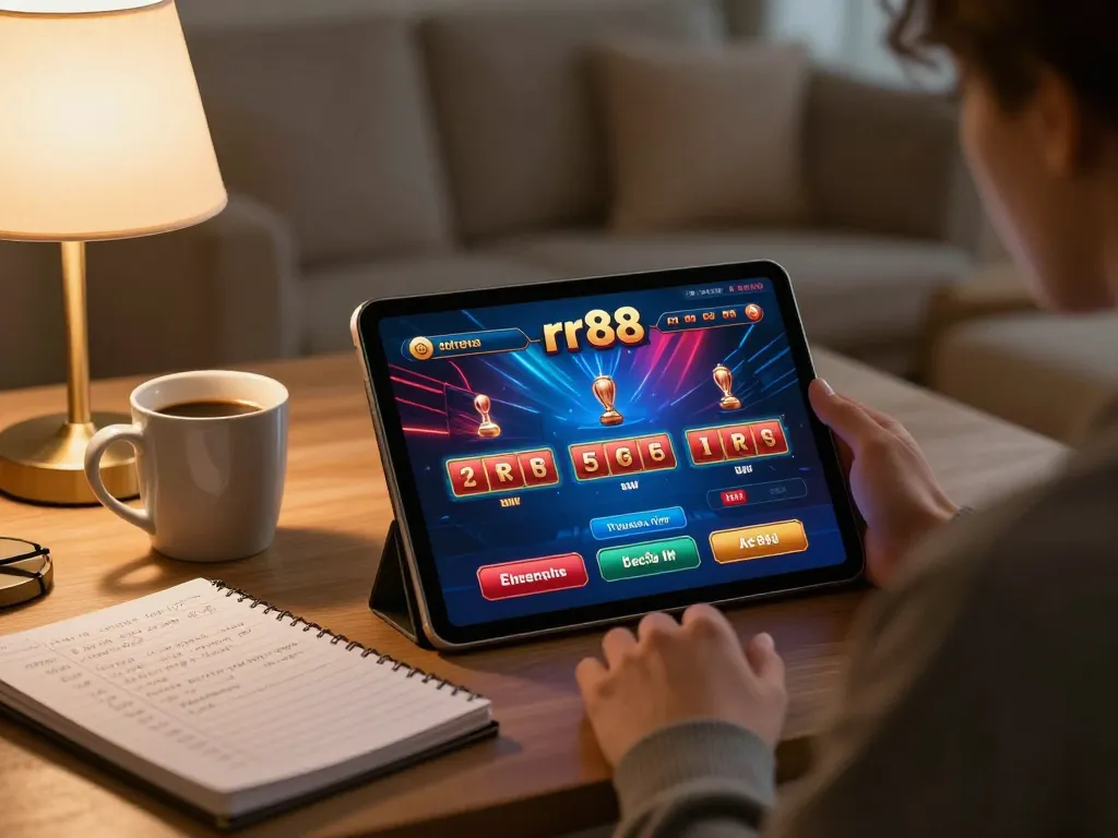 Engaging mobile gaming experience on rr88 platform, showcasing vibrant casino interface and cozy setting.