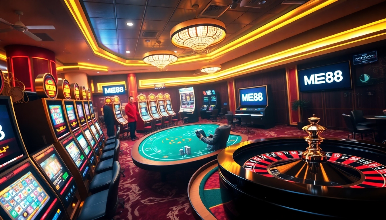 ME88 casino experience featuring vibrant slot machines and poker tables for thrilling online play.