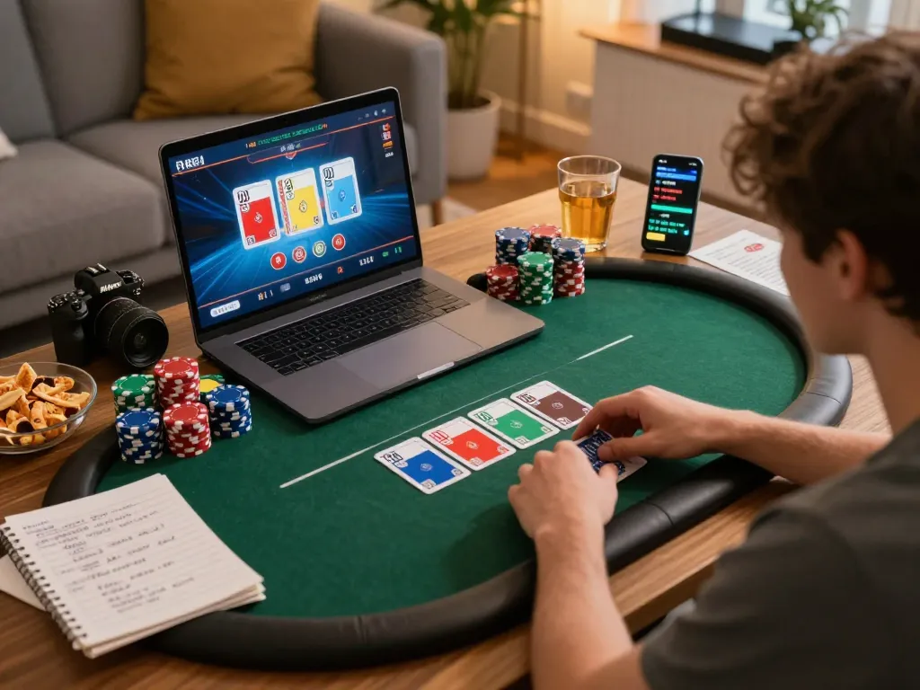 F168 player engaged in online poker strategy at home with colorful chips and card interface
